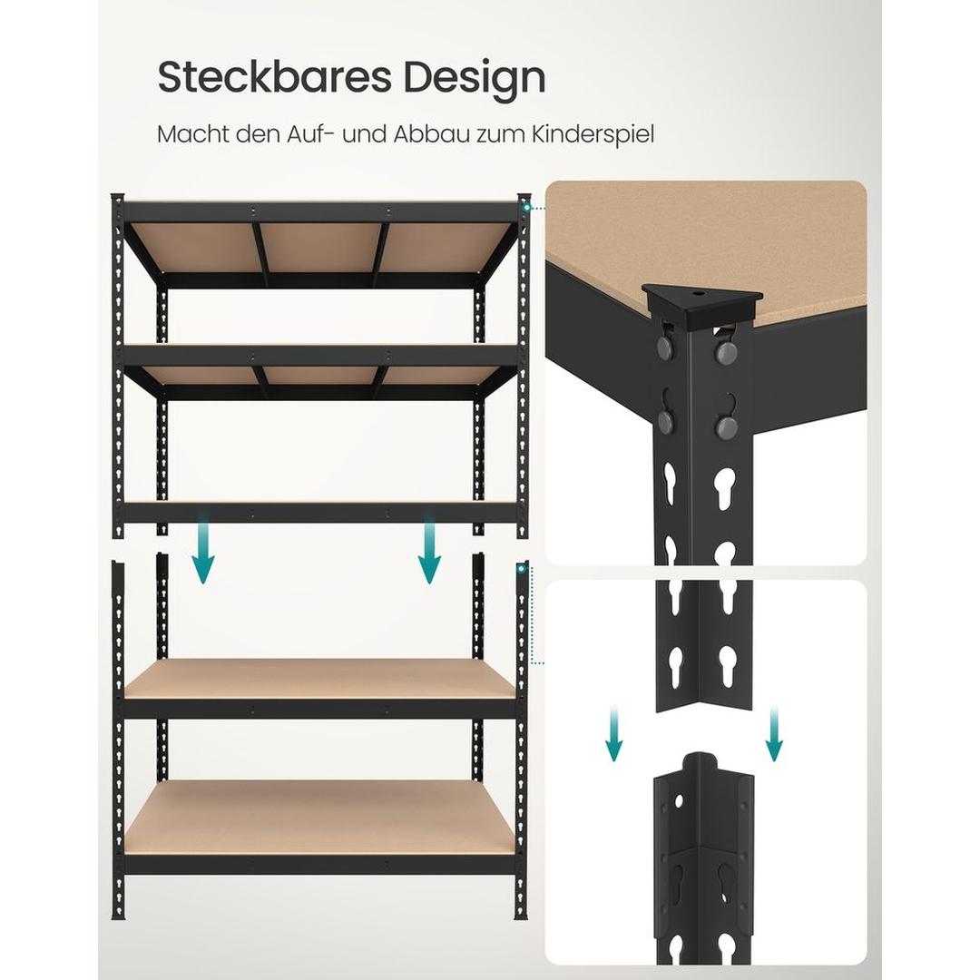 Sort kraftig reol med 5 hylder – 60 × 120 × 180 cm – solid opbevaringsreol til garage eller værksted – produktvisning 5 | Noreva Home
