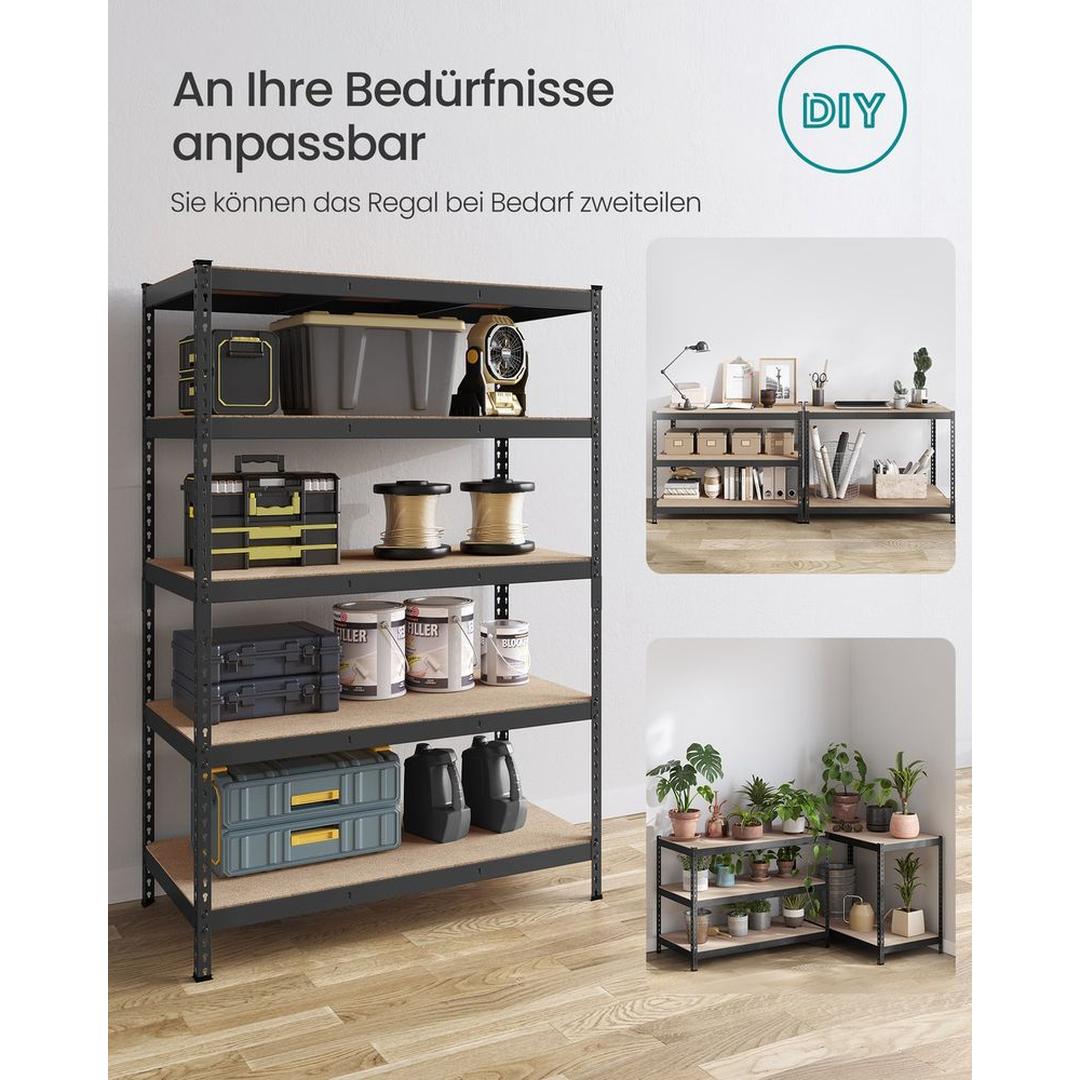 Sort kraftig reol med 5 hylder – 60 × 120 × 180 cm – solid opbevaringsreol til garage eller værksted – produktvisning 6 | Noreva Home