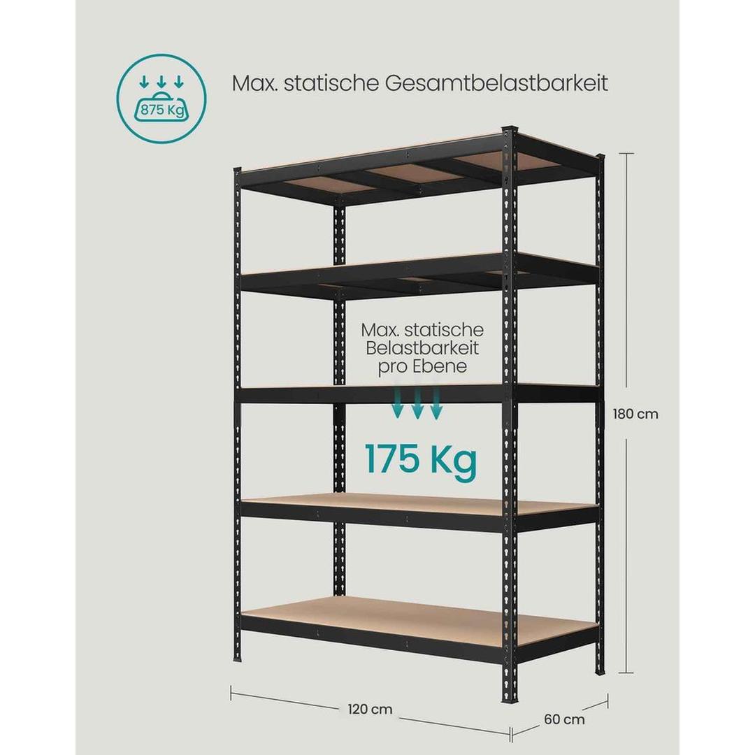 Sort kraftig reol med 5 hylder – 60 × 120 × 180 cm – solid opbevaringsreol til garage eller værksted – produktvisning 7 | Noreva Home