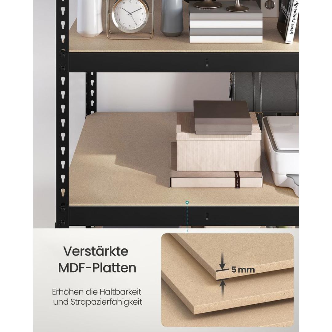 Sort kraftig reol med 5 hylder – 60 × 120 × 180 cm – solid opbevaringsreol til garage eller værksted – produktvisning 8 | Noreva Home