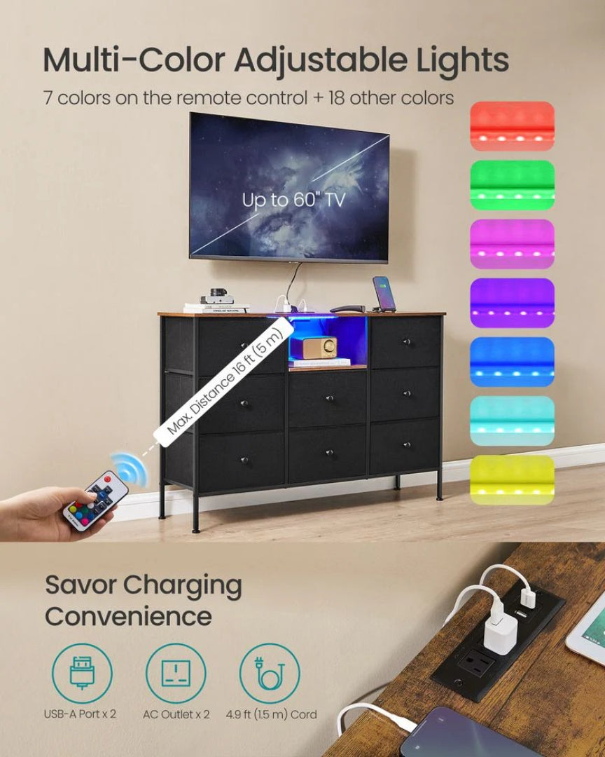 Stofkommode med 8 skuffer, LED-lys og stikkontakter, produktvisning 4 | Noreva Home
