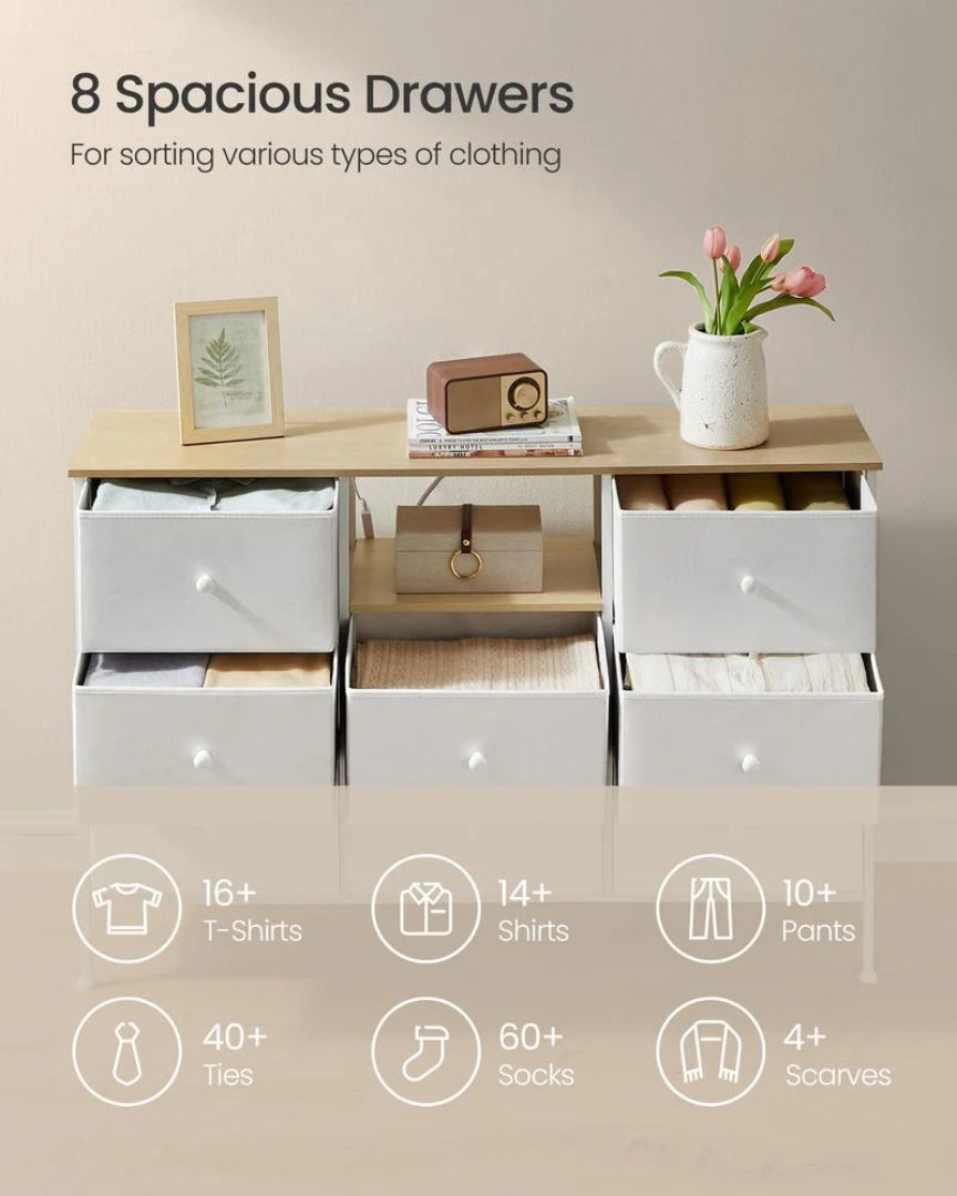 Stofkommode med 8 skuffer, LED-lys og stikkontakter, produktvisning 10 | Noreva Home