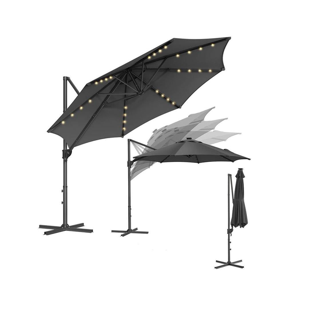 Svævende parasol Ø300 cm med LED-lys – 360° drejelig og vippelig – UPF 50+ – med sving og kryds-fod – produktvisning 1 | Noreva Home