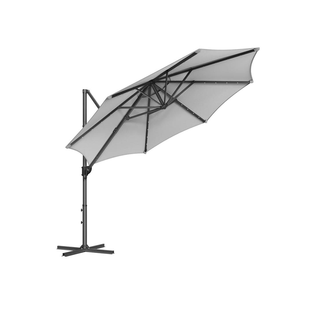 Svævende parasol Ø300 cm med LED-lys – 360° drejelig og vippelig – UPF 50+ – med sving og kryds-fod – produktvisning 3 | Noreva Home