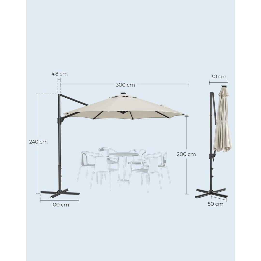 Svævende parasol Ø300 cm med LED-lys – 360° drejelig og vippelig – UPF 50+ – med sving og kryds-fod – produktvisning 7 | Noreva Home