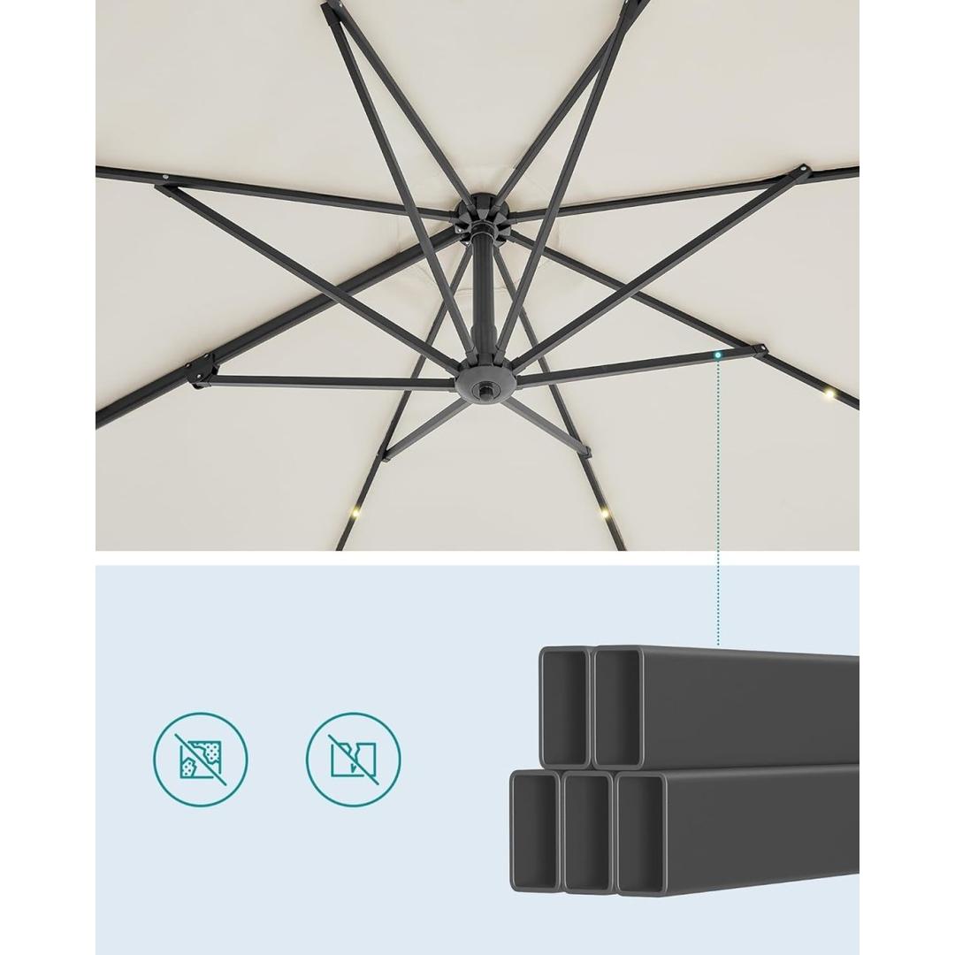 Svævende parasol Ø300 cm med LED-lys – 360° drejelig og vippelig – UPF 50+ – med sving og kryds-fod – produktvisning 9 | Noreva Home
