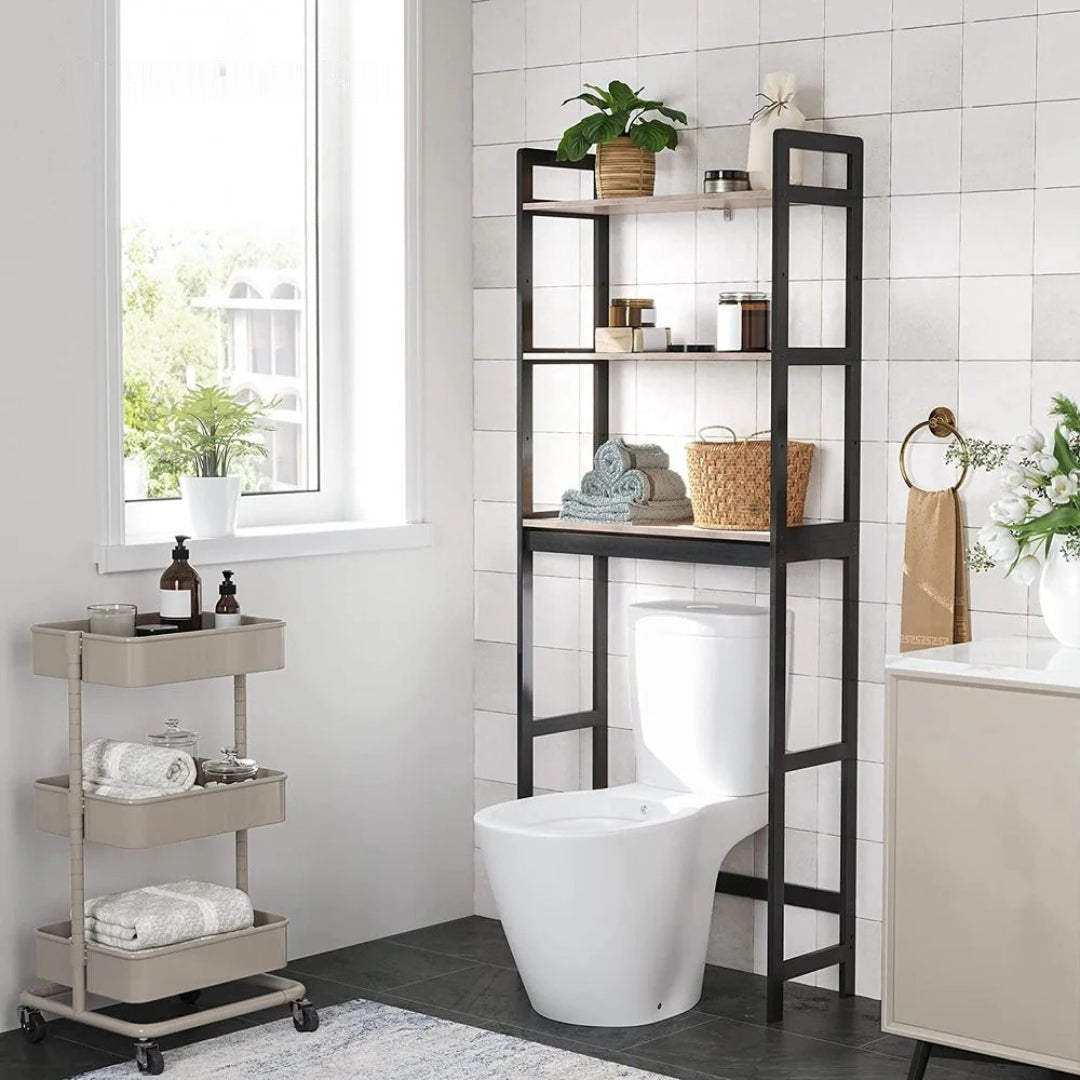 Toiletreol i bambus med 3 hylder, 4 kroge og toiletpapirholder, produktvisning 3 | Noreva Home