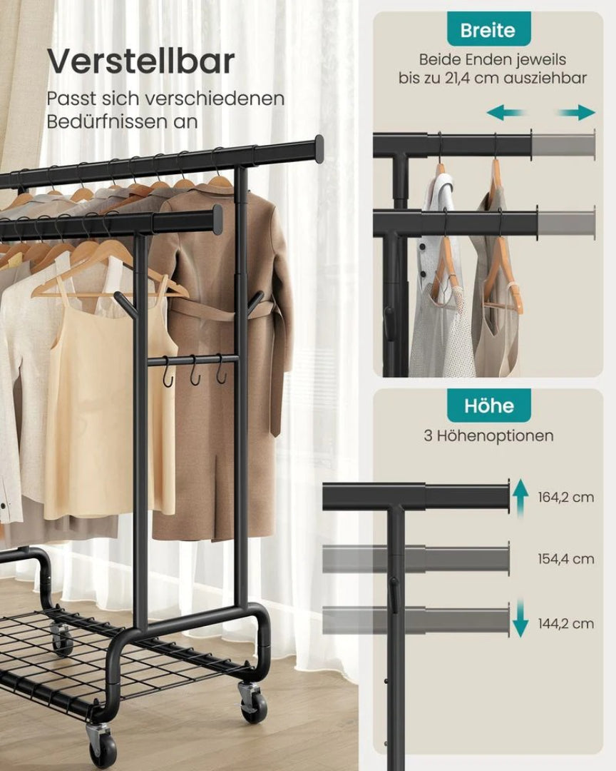 Tøjstativ på hjul – justerbar dobbelt stang 270 kg – produktvisning 6 | Noreva Home