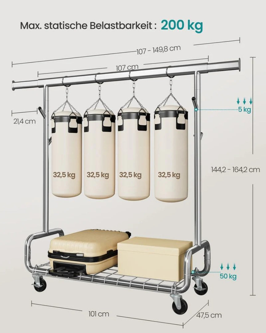 Tøjstativ på hjul – justerbar dobbelt stang 270 kg – produktvisning 8 | Noreva Home