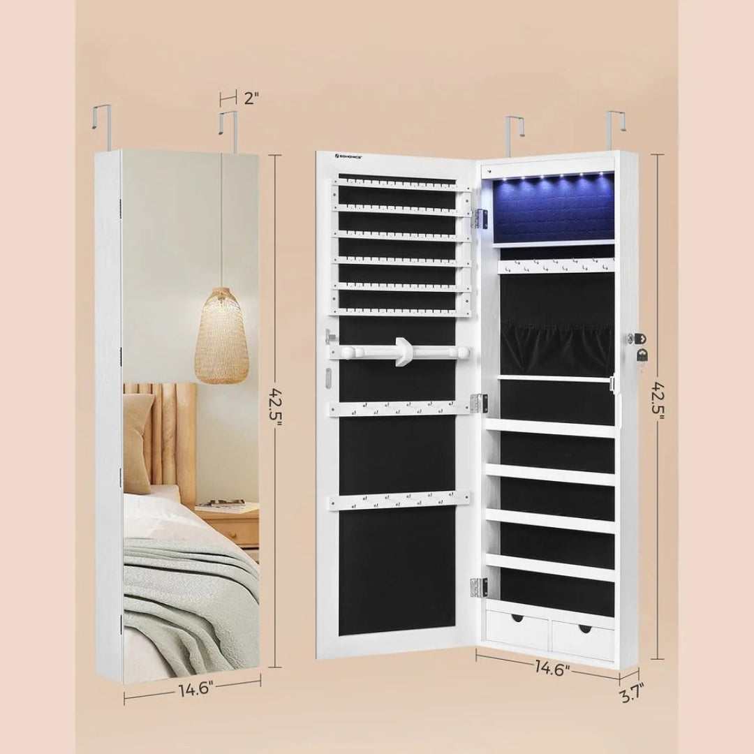 Vægmonteret smykkeskab med spejl og LED-lys, produktvisning 7 | Noreva Home