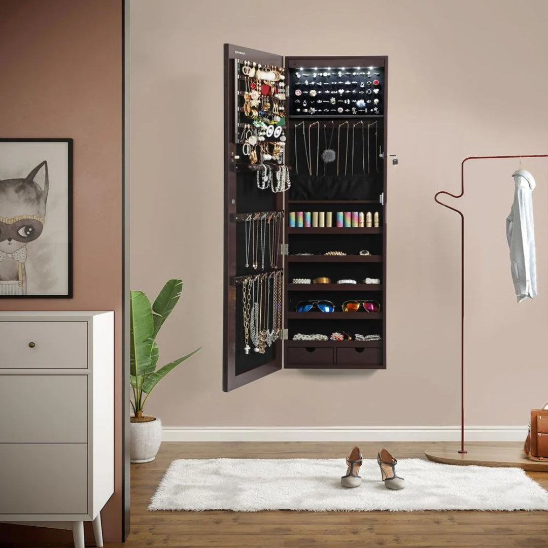 Vægmonteret smykkeskab med spejl og LED-lys, produktvisning 15 | Noreva Home