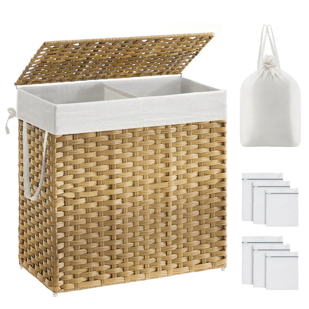 Vasketøjskurv med låg, 2 rum og syntetisk rattan, produktvisning 1 | Noreva Home