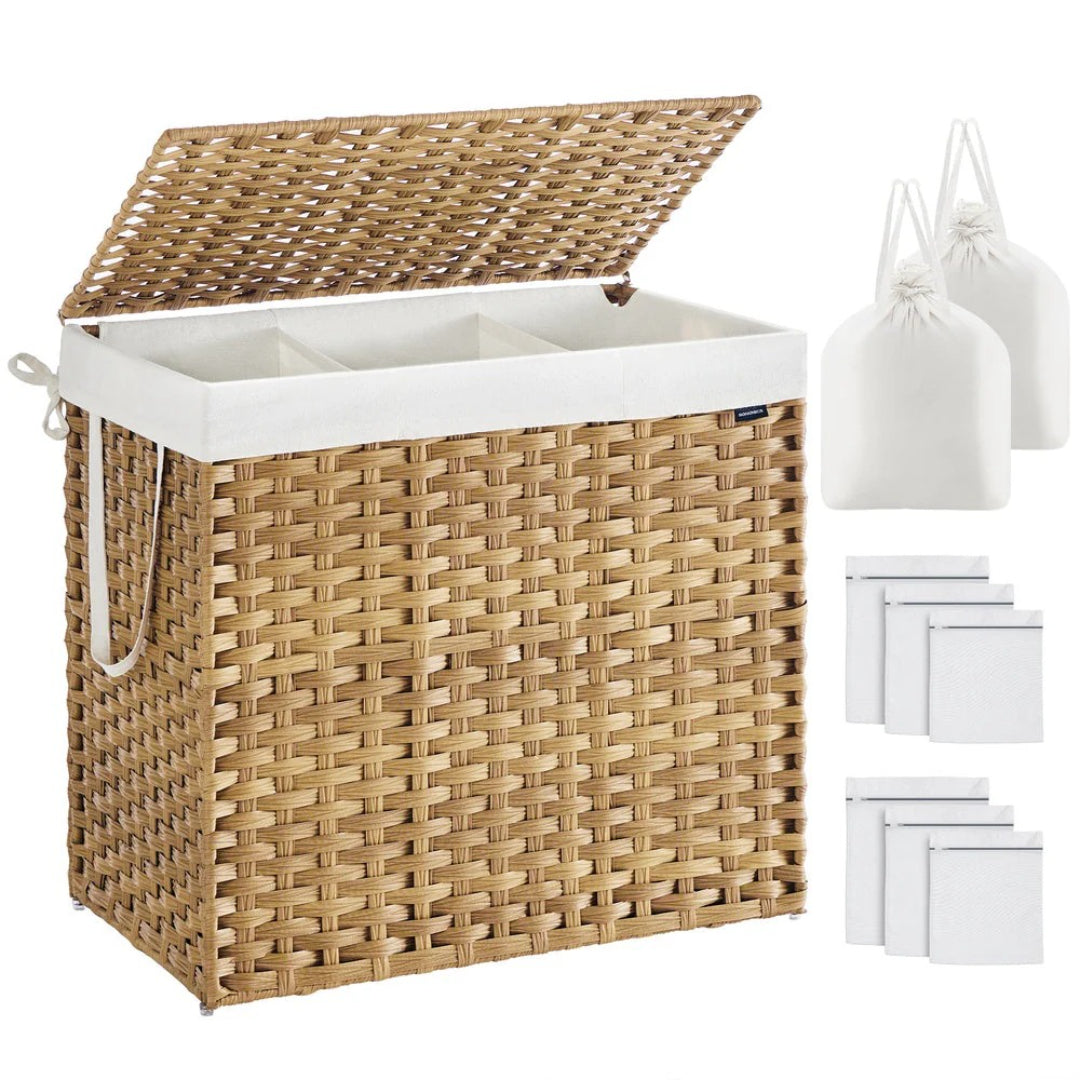 Vasketøjskurv med låg, 2 rum og syntetisk rattan, produktvisning 4 | Noreva Home