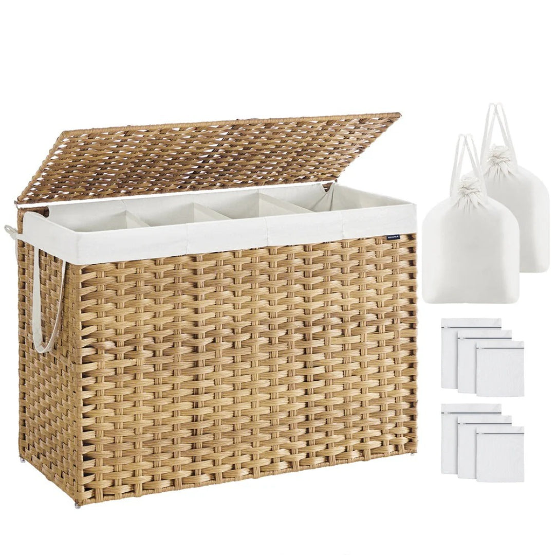 Vasketøjskurv med låg, 2 rum og syntetisk rattan, produktvisning 5 | Noreva Home