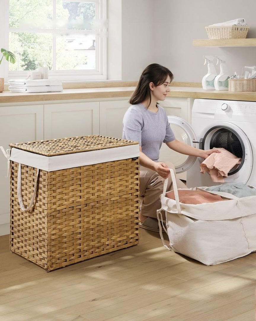 Vasketøjskurv med låg, 2 rum og syntetisk rattan, produktvisning 14 | Noreva Home