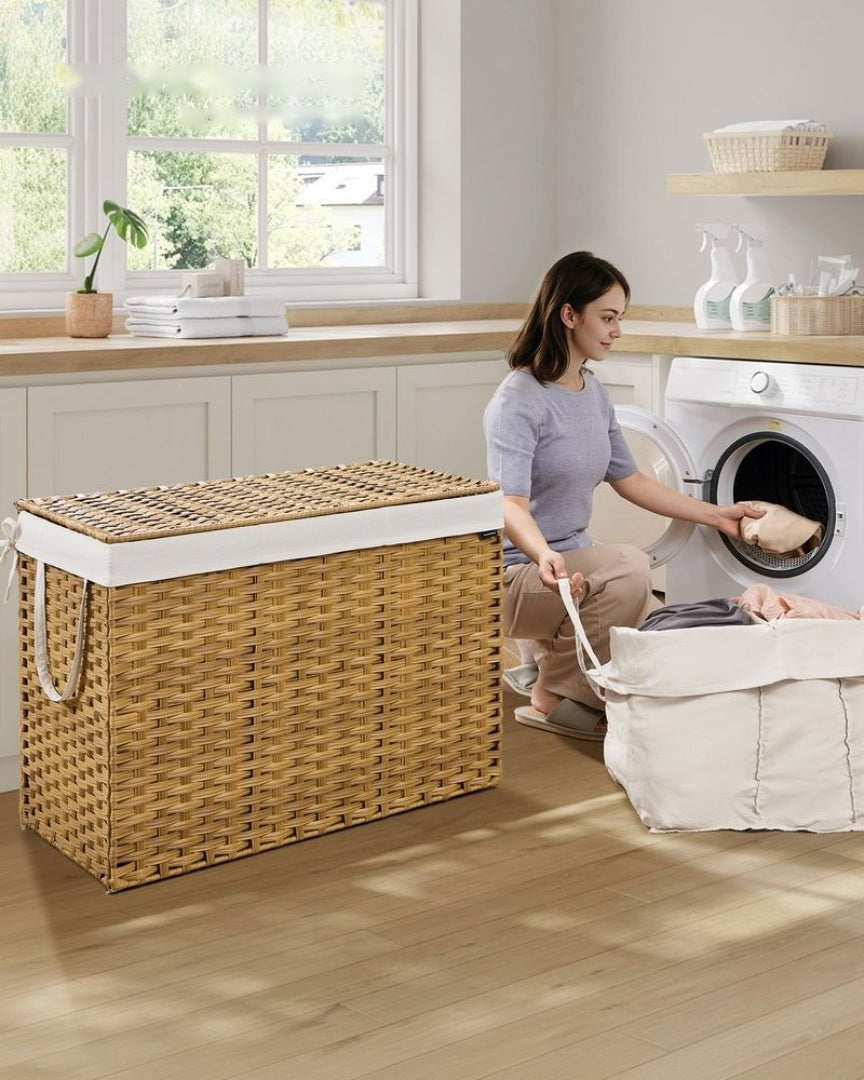 Vasketøjskurv med låg, 2 rum og syntetisk rattan, produktvisning 16 | Noreva Home
