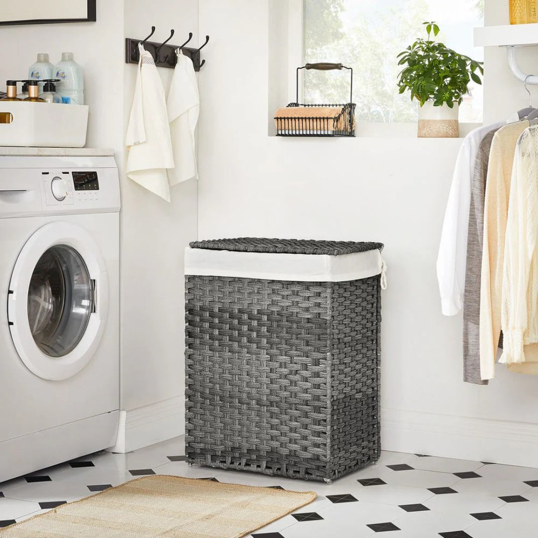 Vasketøjskurv med låg, 23,8 gallon, PP-rattan, 23,6 in høj, produktvisning 6 | Noreva Home
