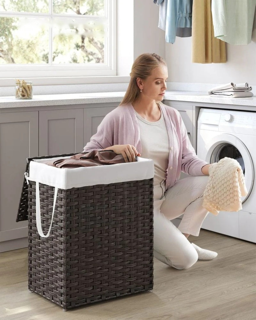 Vasketøjskurv med låg, 23,8 gallon, PP-rattan, 23,6 in høj, produktvisning 12 | Noreva Home