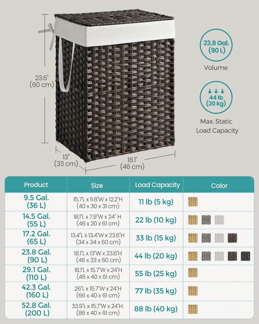 Vasketøjskurv med låg, 23,8 gallon, PP-rattan, 23,6 in høj, produktvisning 17 | Noreva Home