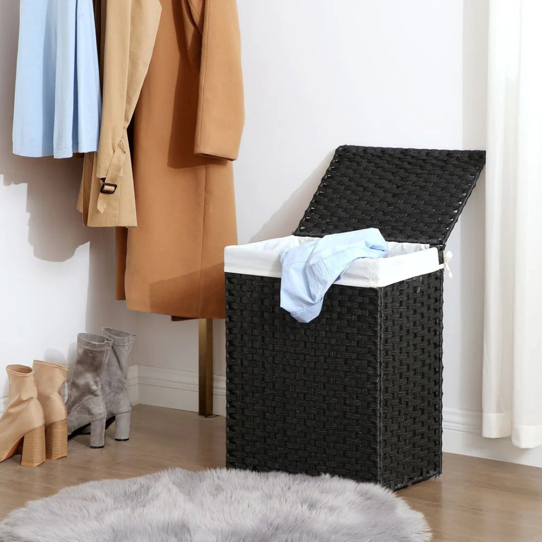 Vasketøjskurv med låg, 23,8 gallon, PP-rattan, 23,6 in høj, produktvisning 20 | Noreva Home