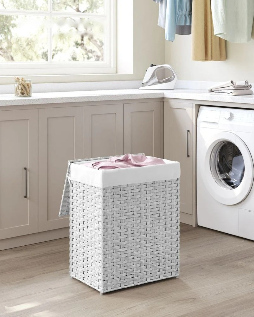Vasketøjskurv med låg, 23,8 gallon, PP-rattan, 23,6 in høj, produktvisning 24 | Noreva Home