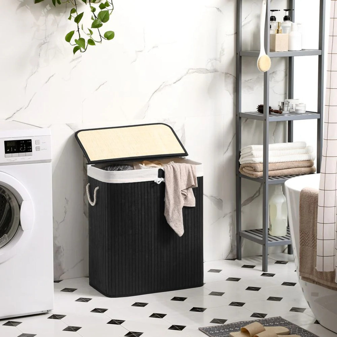 Vasketøjskurv med låg og 2 rum i bambus, 21,99 gallon, produktvisning 10 | Noreva Home