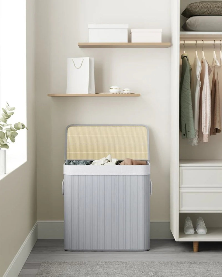 Vasketøjskurv med låg og 3 rum i bambus, 39,6 gallon, produktvisning 11 | Noreva Home
