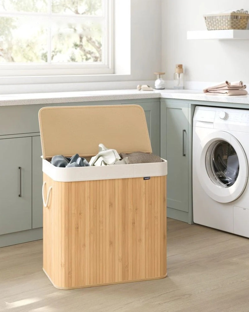 Vasketøjskurv med låg og 3 rum i bambus, 39,6 gallon, produktvisning 12 | Noreva Home