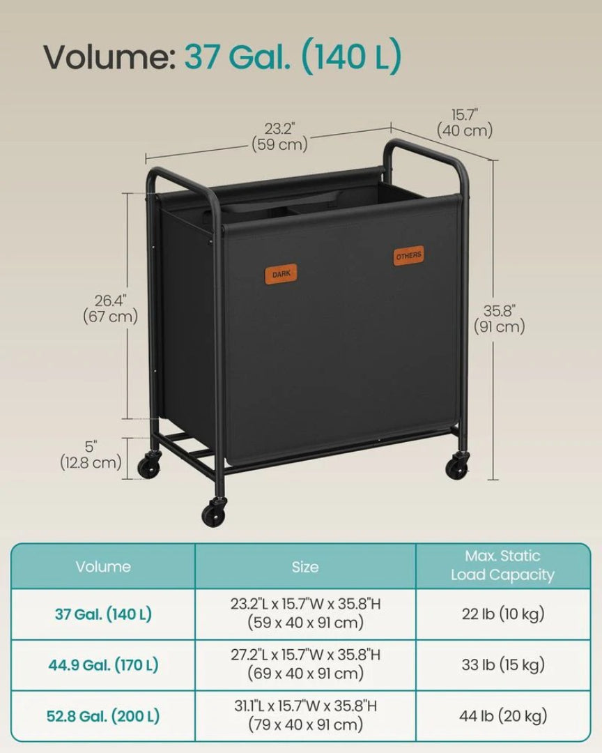 Vasketøjssorterer på hjul med 2 rum, 37 gallon, produktvisning 6 | Noreva Home