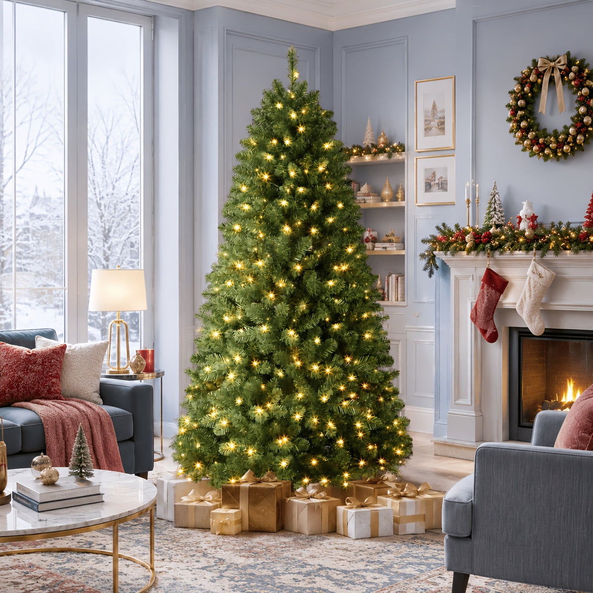 Kompakt kunstigt juletræ med varmhvide lys, billede 1