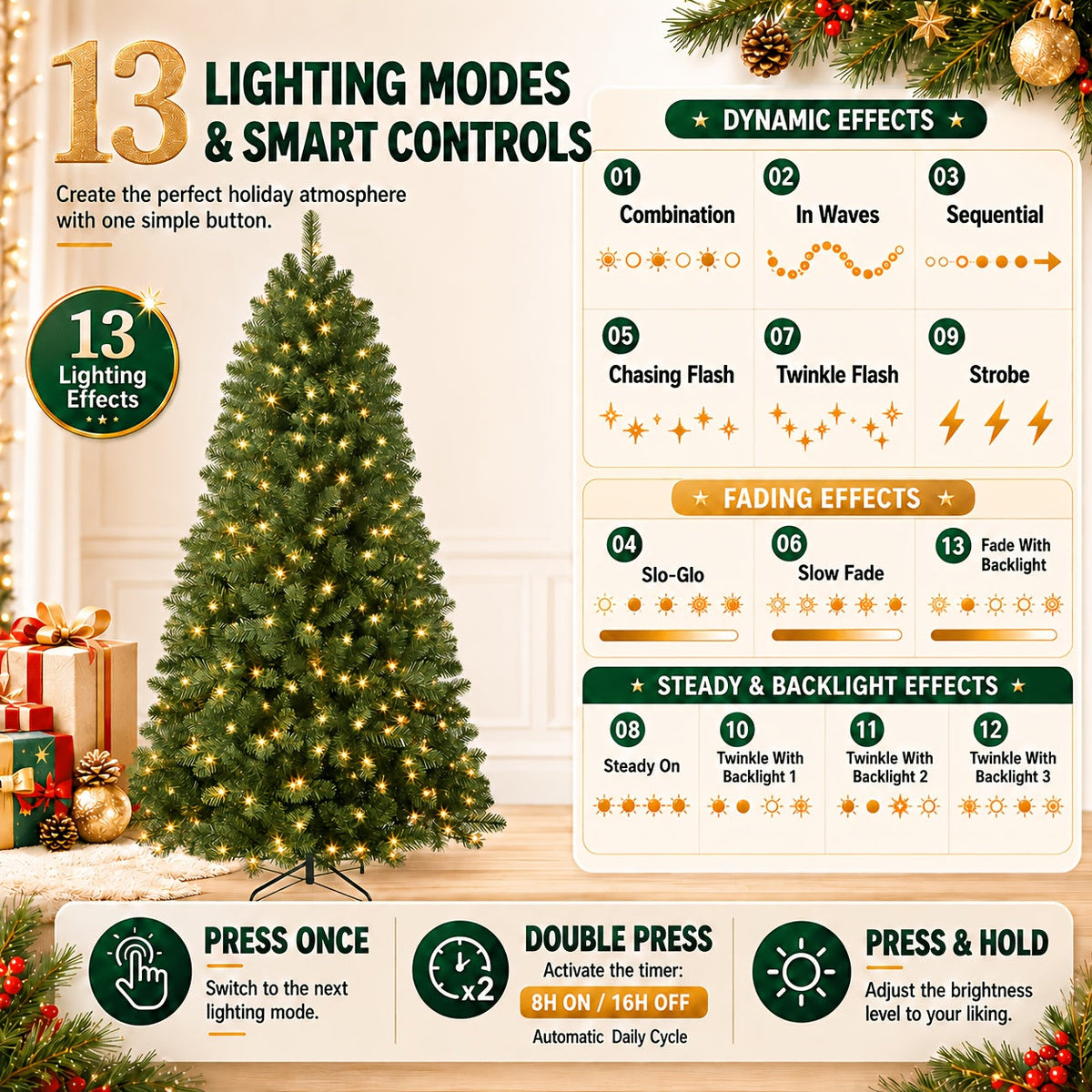 Kompakt kunstigt juletræ med varmhvide lys i en lejlighed
