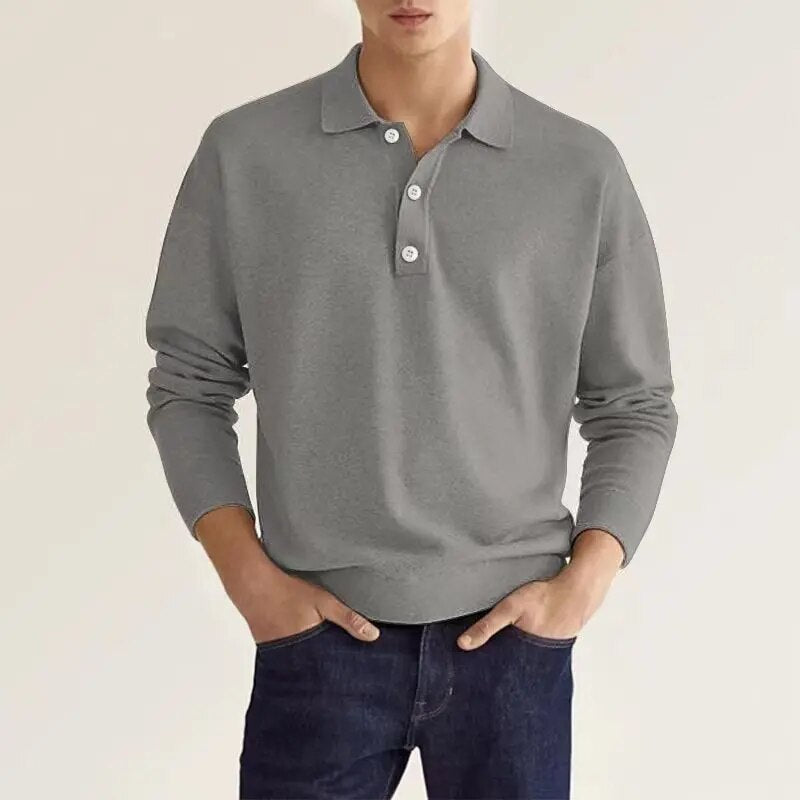 Langærmet poloshirt til mænd med krave og knappestolpe, billede 1