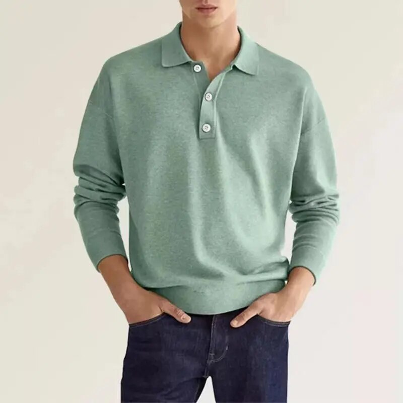 Langærmet poloshirt til mænd med krave og knappestolpe, billede 4