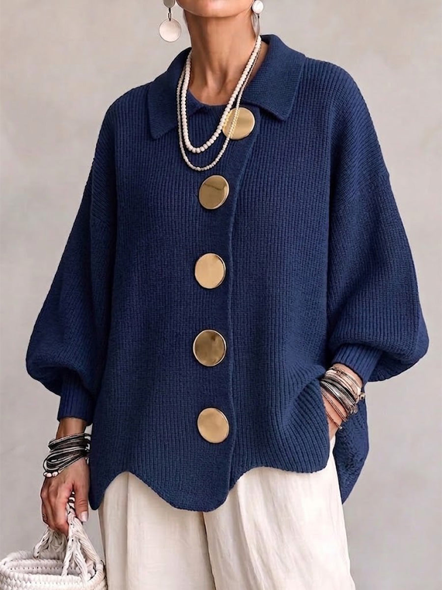 Oversized strikcardigan til damer med store guldfarvede knapper, billede 1