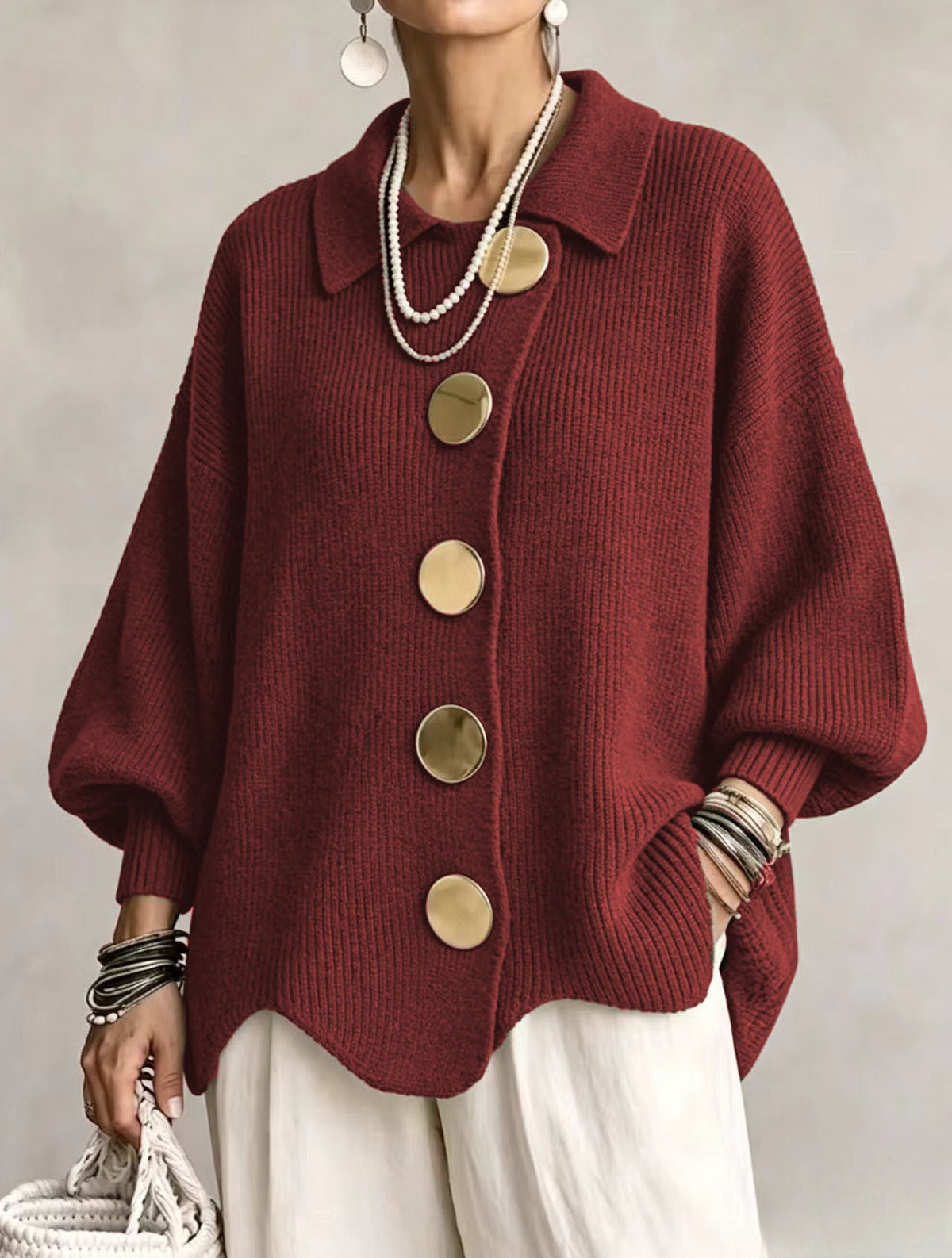 Oversized strikcardigan til damer med store guldfarvede knapper, billede 5
