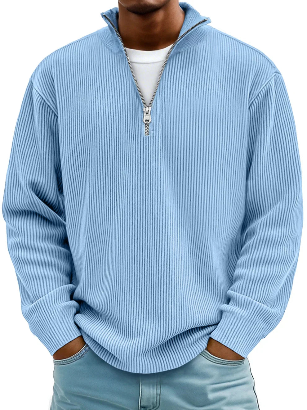 Ribstrikket herresweater med halv lynlås, billede 1