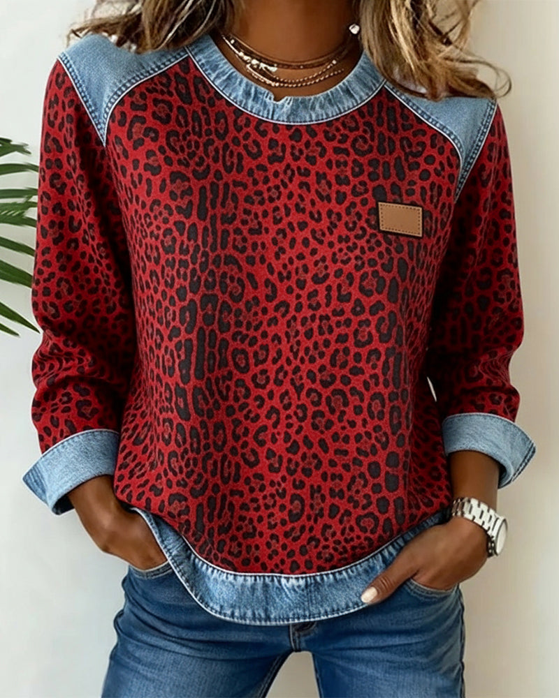 Sweatshirt til damer med leopardmønster og kanter i denimlook, billede 7