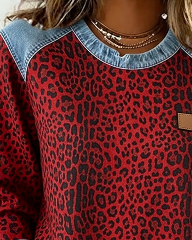 Sweatshirt til damer med leopardmønster og kanter i denimlook, billede 8