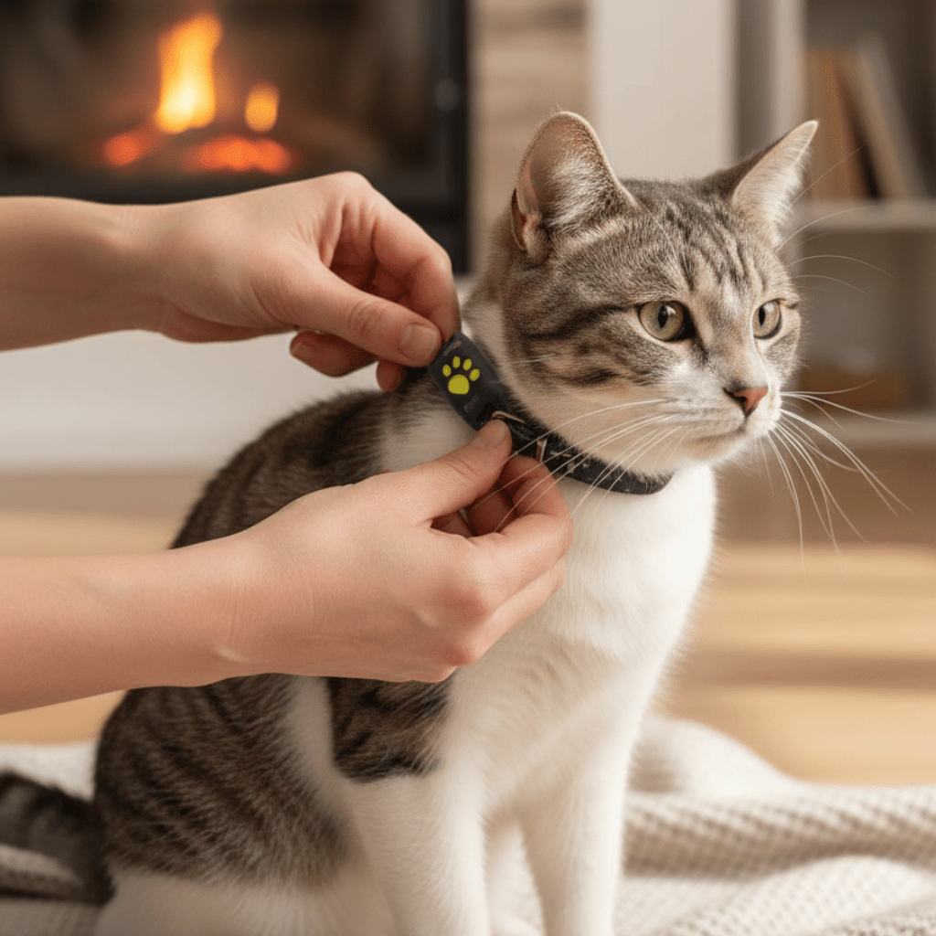 Lille gps-tracker monteret på kattens halsbånd
