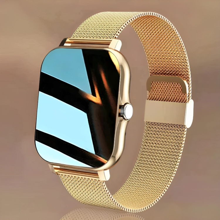 Sort smartwatch med rund skærm og stålrem
