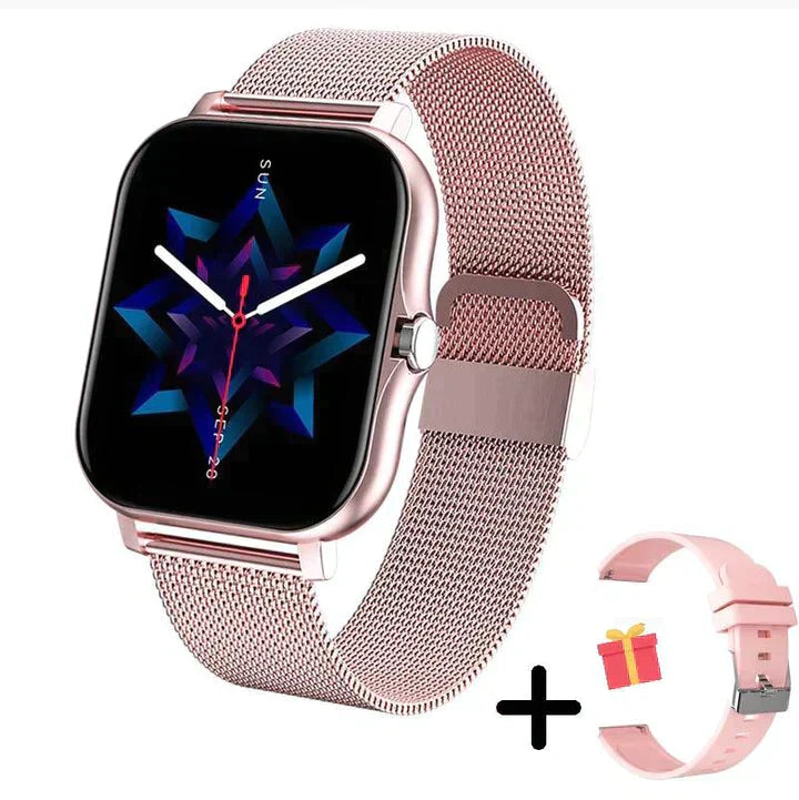 Smartwatch i guld med pulsmåling vist på skærmen