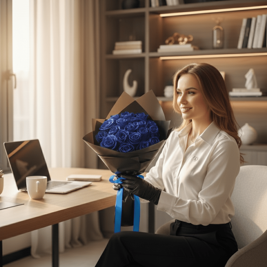 Blå evig rose af plast med glitterfinish på en kommode