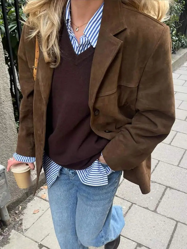 Klassisk ruskindsjakke til damer med gennemgående lynlås – billede 5