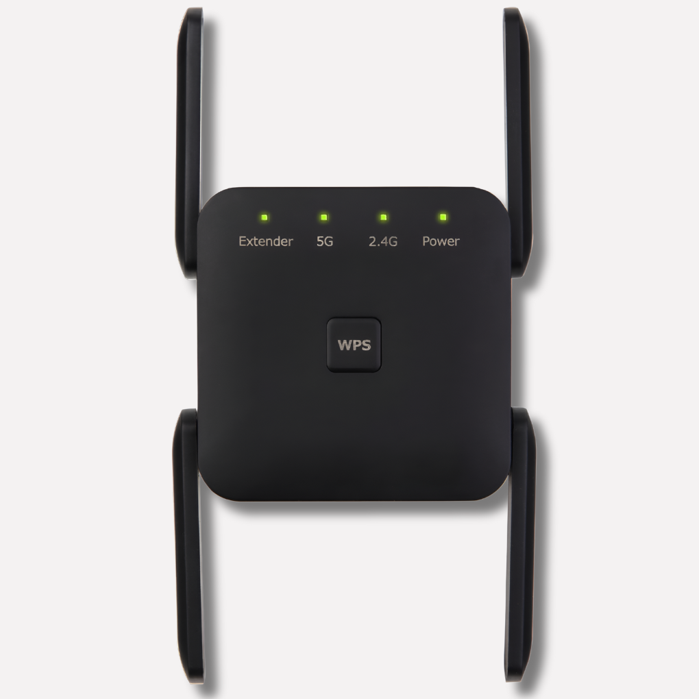 Sort wi-fi-forstærker sat i en stikkontakt