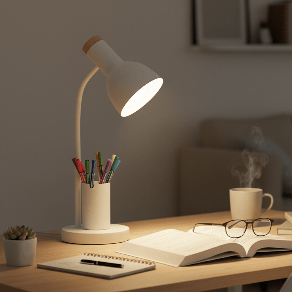 Hvid LED-bordlampe med penneholder på skrivebord