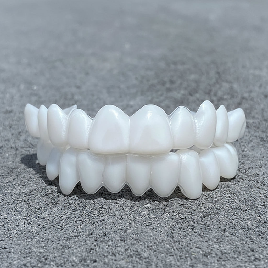Nærbillede af dentallinserne på SMILBRO tandprotese