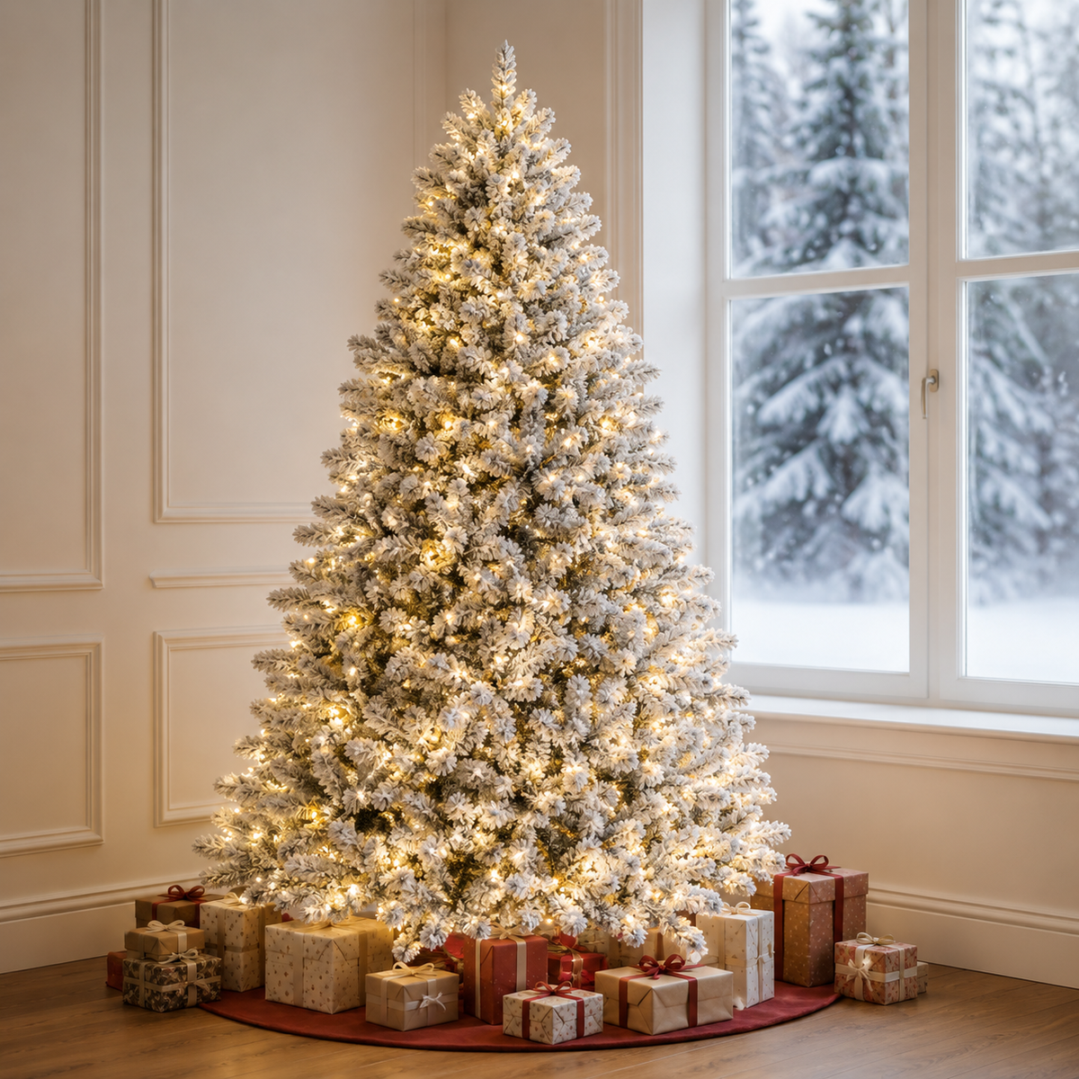 Snedækket kunstigt juletræ på 213 cm med varme LED-lys