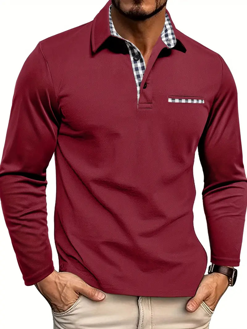 Bordeauxrød poloshirt med lange ærmer set forfra