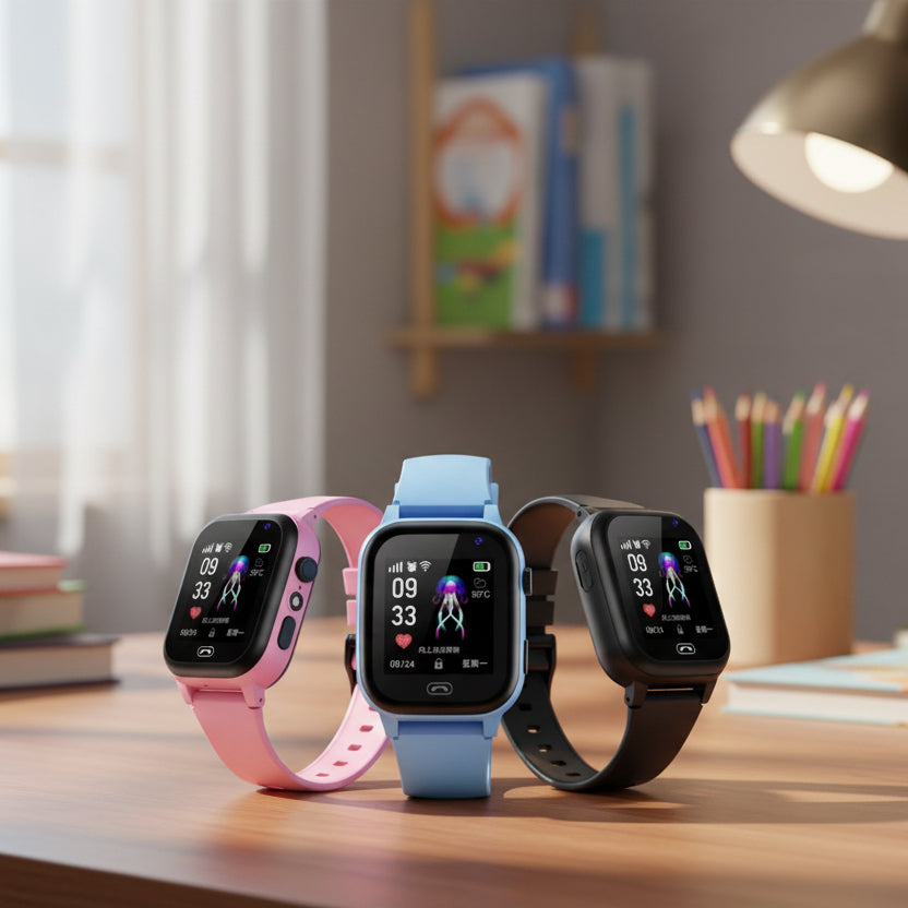 Barn der bærer et sort smartwatch med videoopkald på skærmen