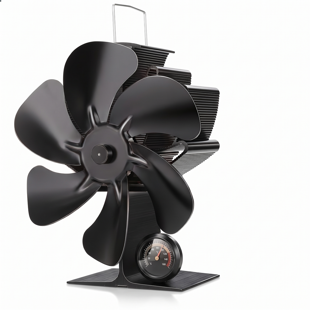 Brændeovnsventilator af aluminium med seks blade og metalhåndtag